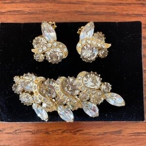 Vintage Rhinestone Brooch and Clip-On Earrings Set